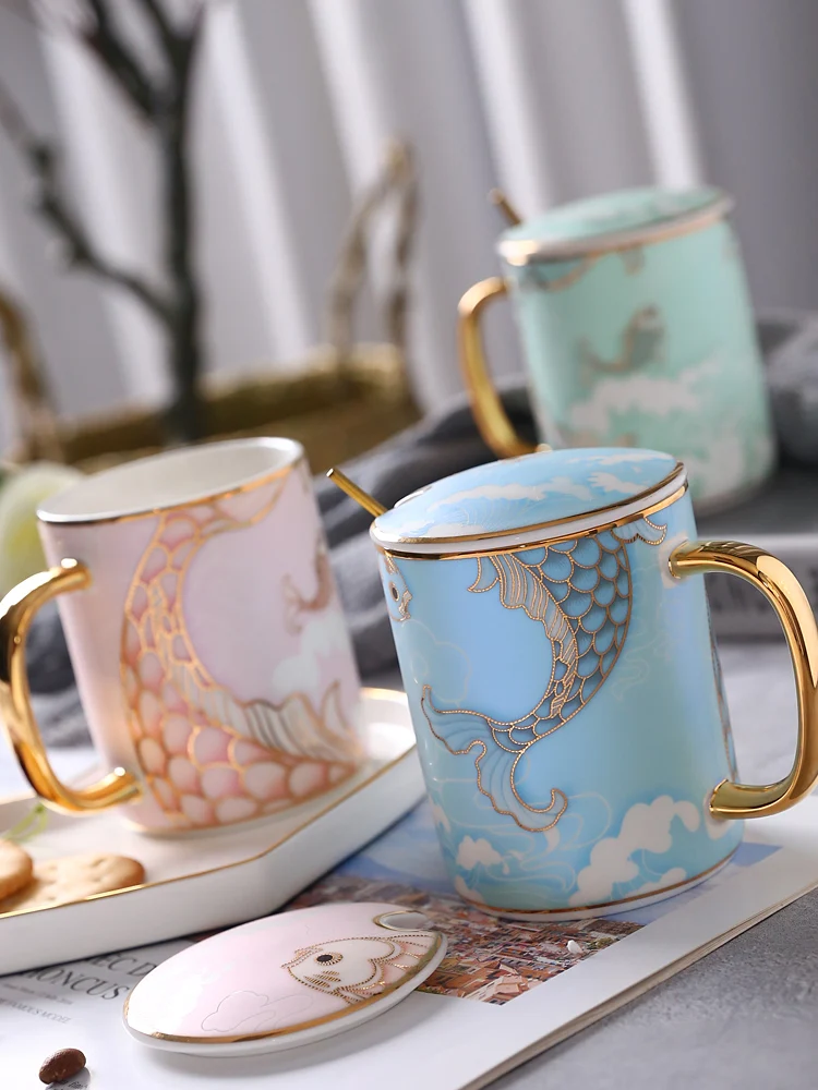 Creative Ceramic Mug Cup with Lid Spoon Cup Personality Trend for Men and Women Milk Coffee Home Teacup Fish Cup Group Delicate