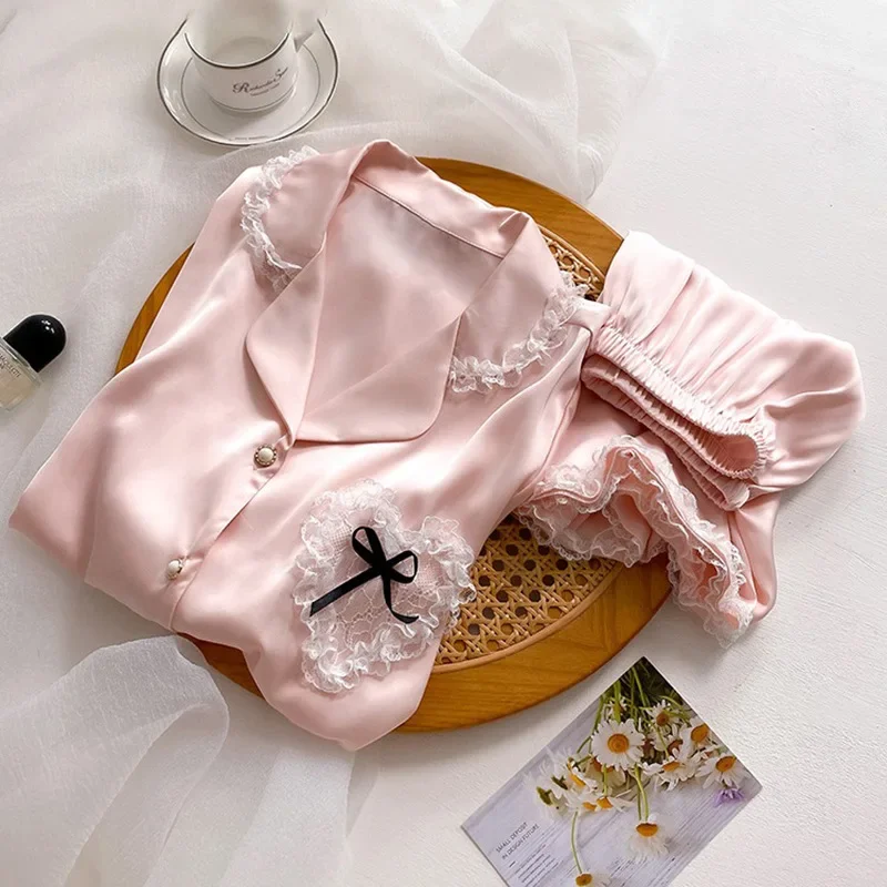 Summer New Sweet Korean Soft Pink Short Sleeve Short Sleeve Pajamas Women's Solid Hearts Soft Ice Silk Satin Women's Sleepwear