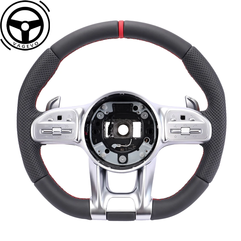 For Mercedes Benz AMG A/B/C/E/G/S GLA GLB GLS GLE GLC Leather Perforated Multifunctional Steering Wheel With Back Logo