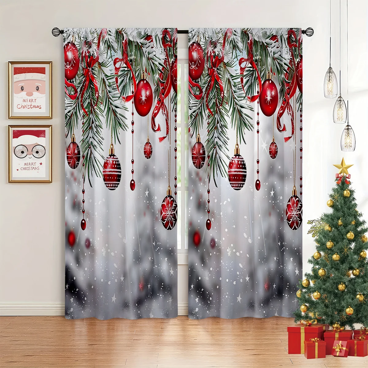 2pcs Curtains Featuring A Red Christmas Bauble Print—Festive Window Decor For Children's Rooms, A New Year's Gift.