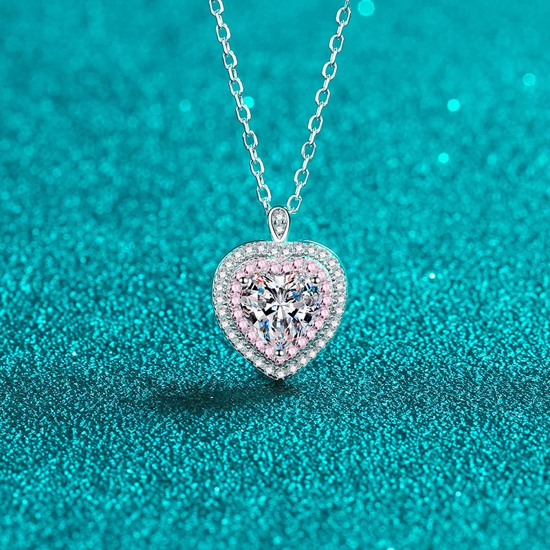 S925 Pure Silver Heart-shaped Moissanite Necklace with Pink Heart Pendant