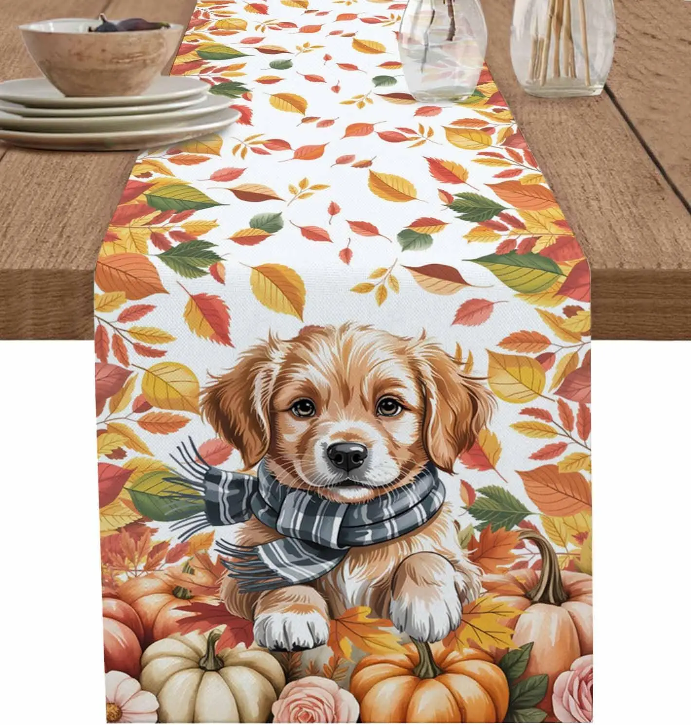 Autumn Dog Pumpkins Linen Table Runner Wedding Party Decor Thanksgiving Fall Maple Leaves Table Runners Kitchen Table Decor