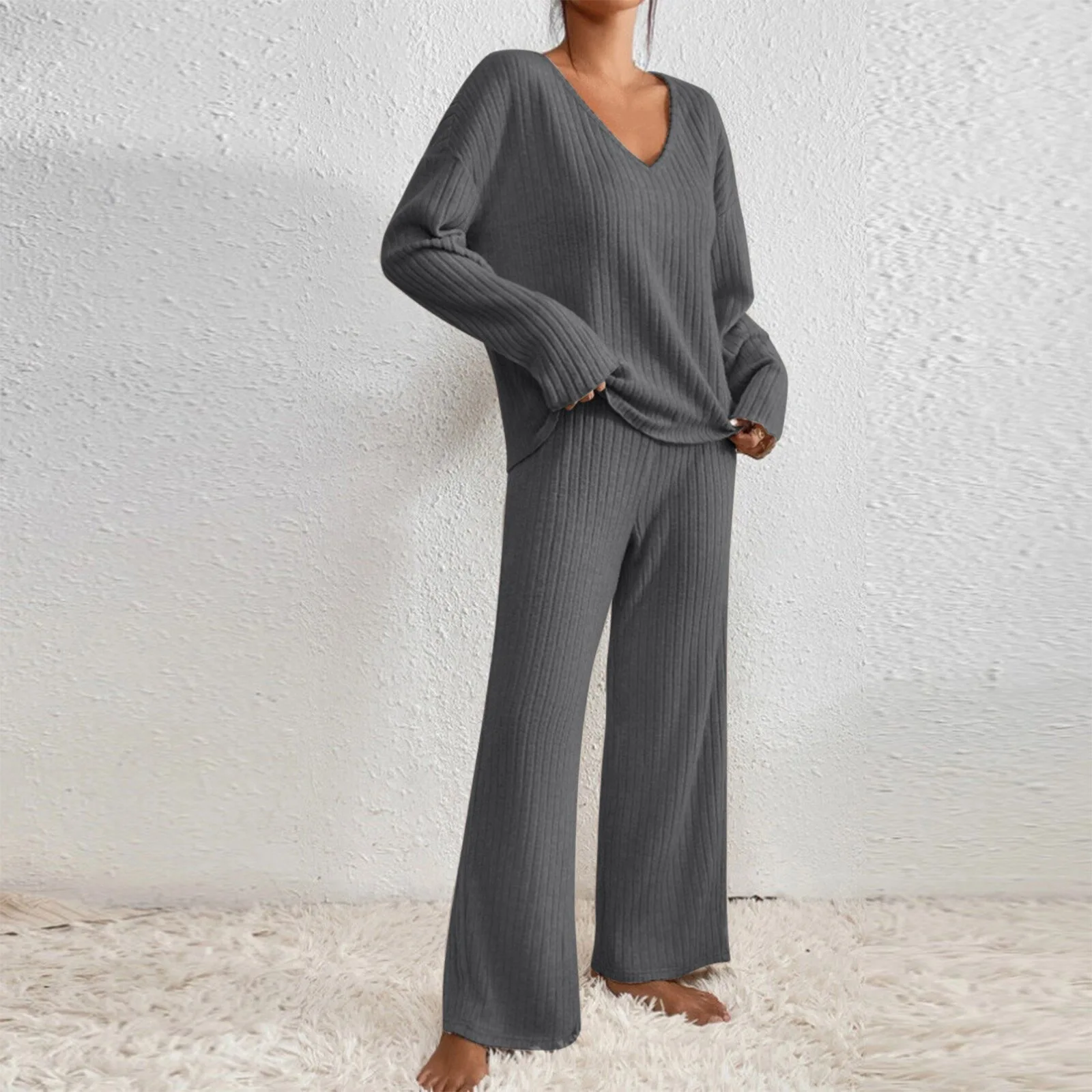 Damen Geripptes Strick-Zweiteiler-Set V-Ausschnitt Langarm-Oberteil Weite Hose Herbst Locker Lässige Loungewear Eleganter Hausanzug – Detail 13