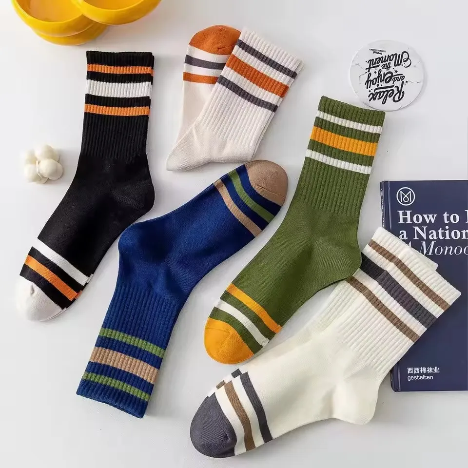 5 Pairs Men Striped Mid Tube Socks Fashionable Color Blocking Soft Comfortable Sweat Absorbing Breathable and Casual Socks﻿