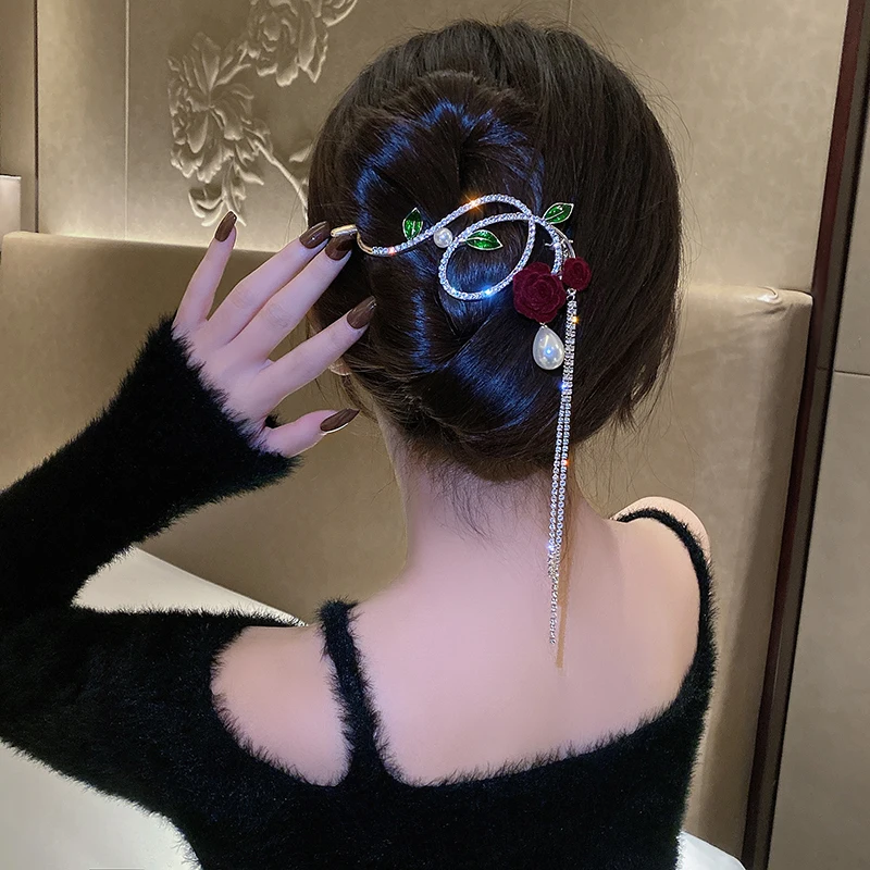 

VANIKA Fashion Retro Rose Flower Tassel Hair Clip Korean Style Elegant One Word Ponytail Clip Women Party summer accessories