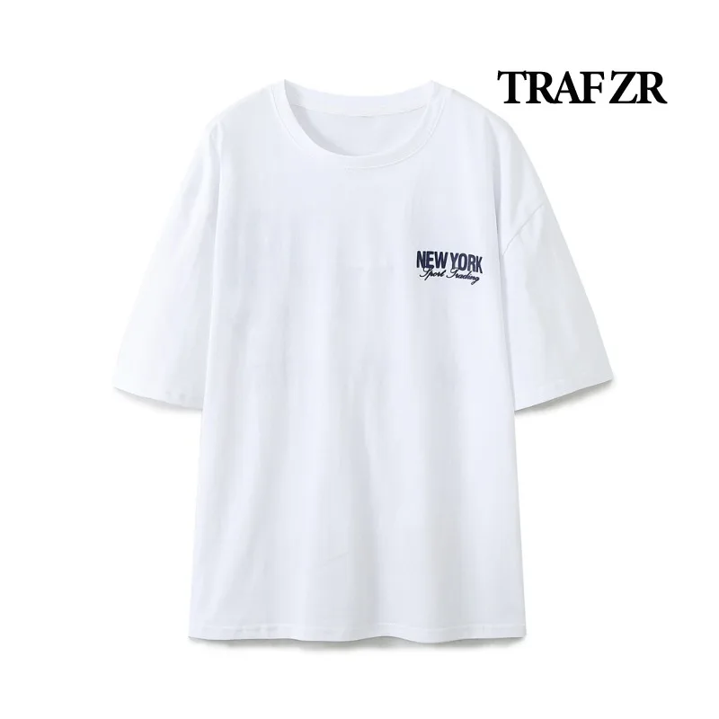 TRAF ZR Y2k T-shirts for Women Summer 2024 New in Cotton O-neck Short Sleeve Tee Tops Women\'s T-shirts Female Tops