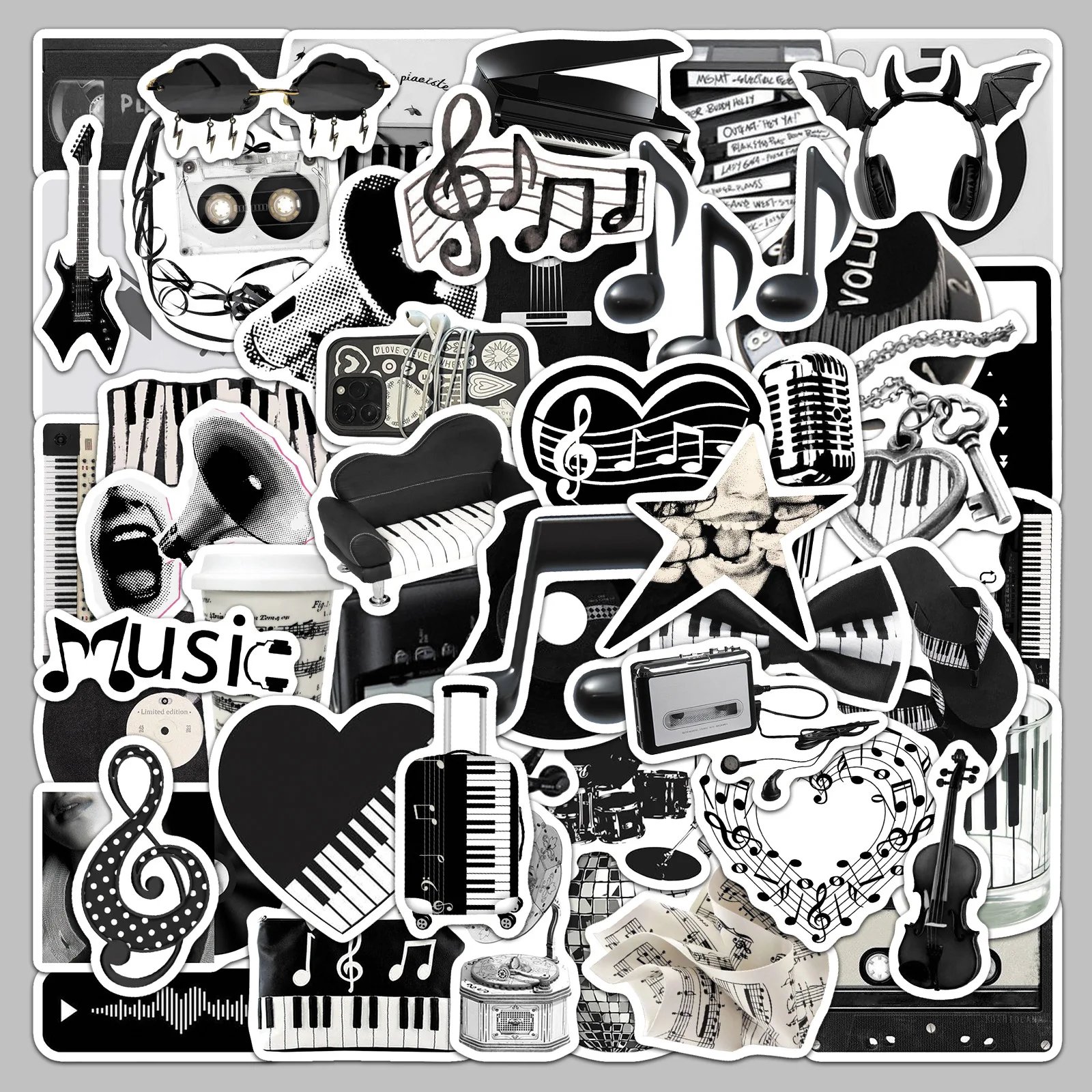 10/30/50PCS Music INS Style Instrum Black White Sticker DIY Phone Laptop Luggage Skateboard Graffiti Decals Fun for Kid
