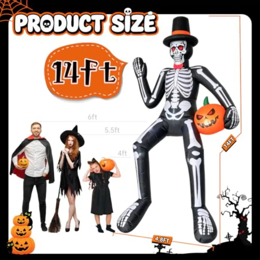 Outdoor Halloween inflatable sitting skeleton decoration, PVC material, black and white color, weather-resistant and easy to in