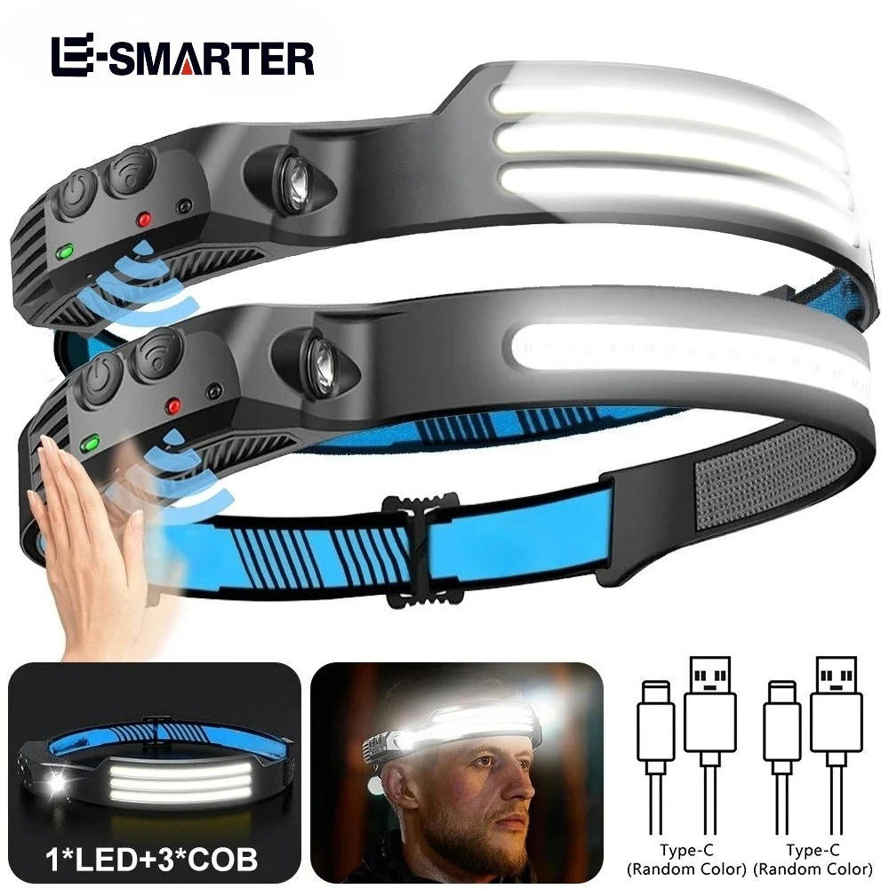 Outdoor Waterproof Induction Headlamp COB+LED Head Flashlight Built in Battery USB Rechargeable Camping Fishing Work Lantern ﻿