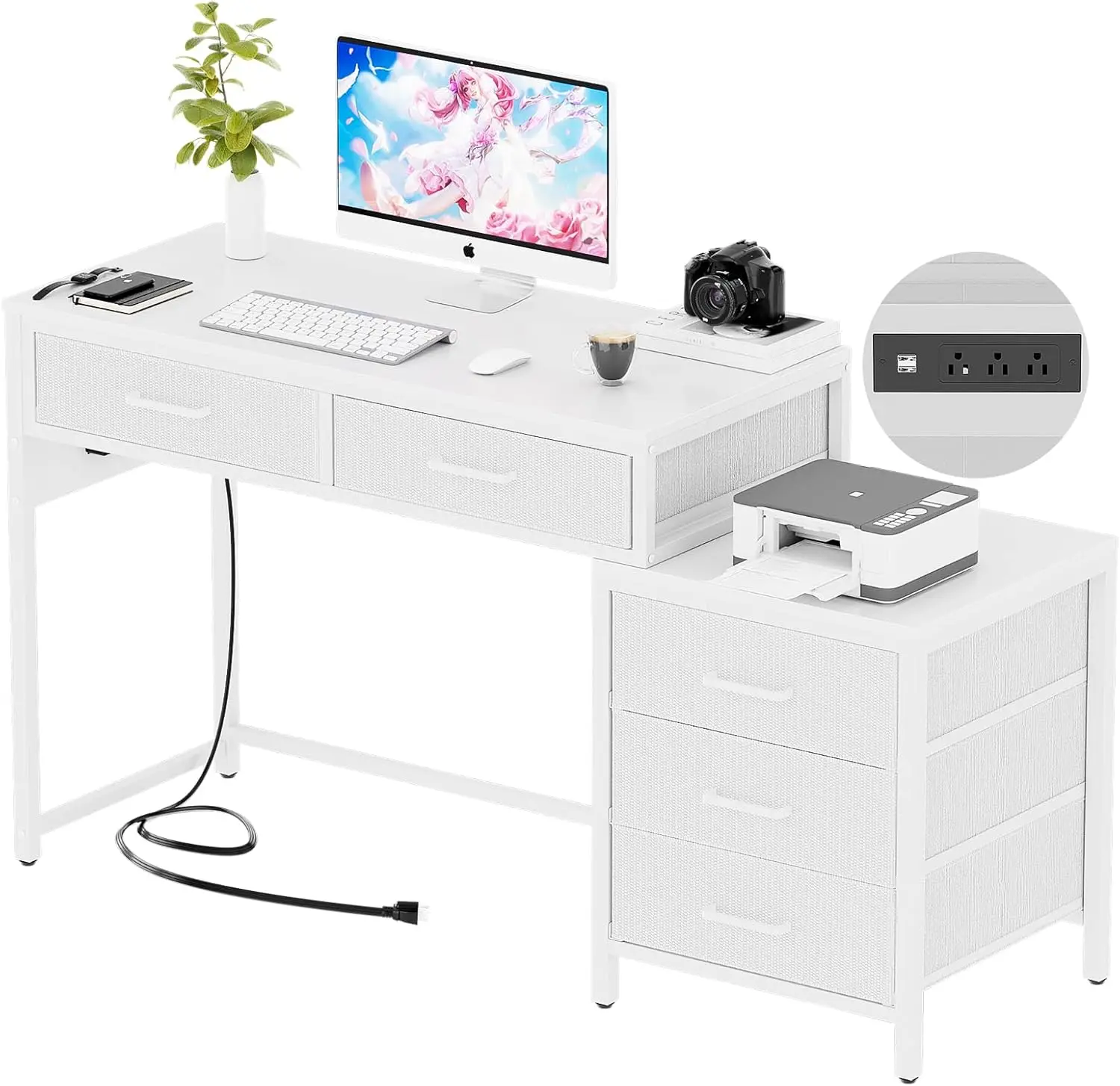 

Reversible Computer Desk with 5 Drawers,Sturdy Office Desk Power Outlets and USB Ports,Study Writing Table with File Cabinet