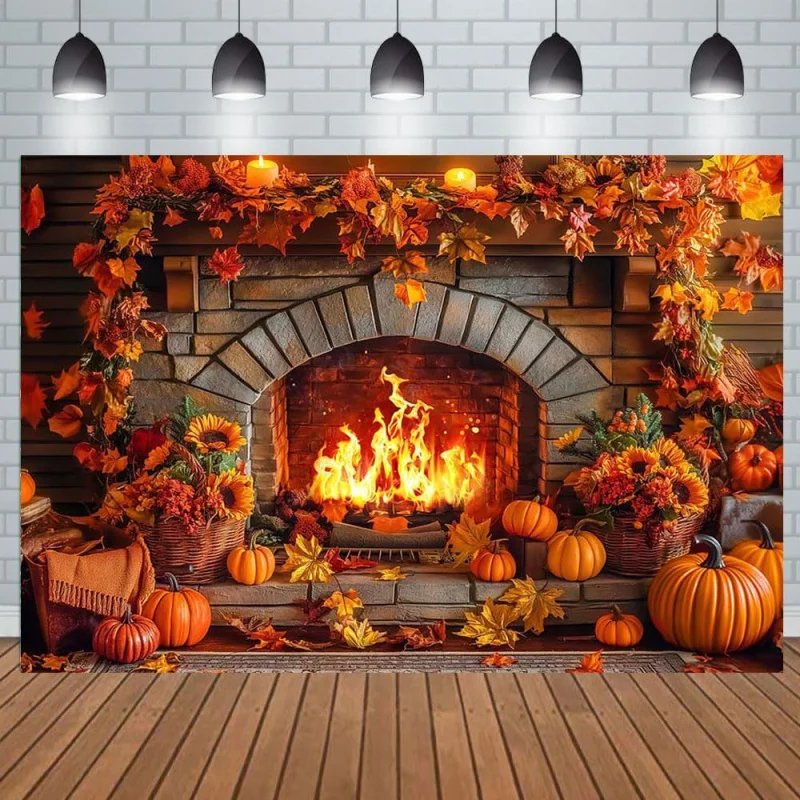 

Autumn Thanksgiving Decoration Fireplace Background Tapestry Harvest Pumpkin Maple Leaf Sunflower Birthday Party