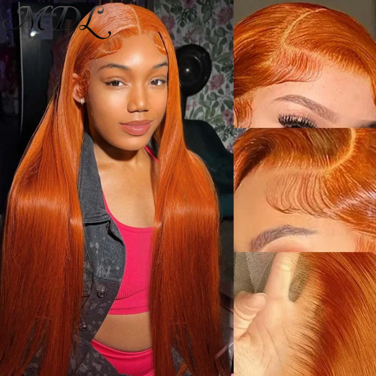 

MDL 250 Density 100% Remy Human Hair 13x4 HD Lace Front Frontal Wig for Women Pre Pulcked Straight Ginger Orange Color