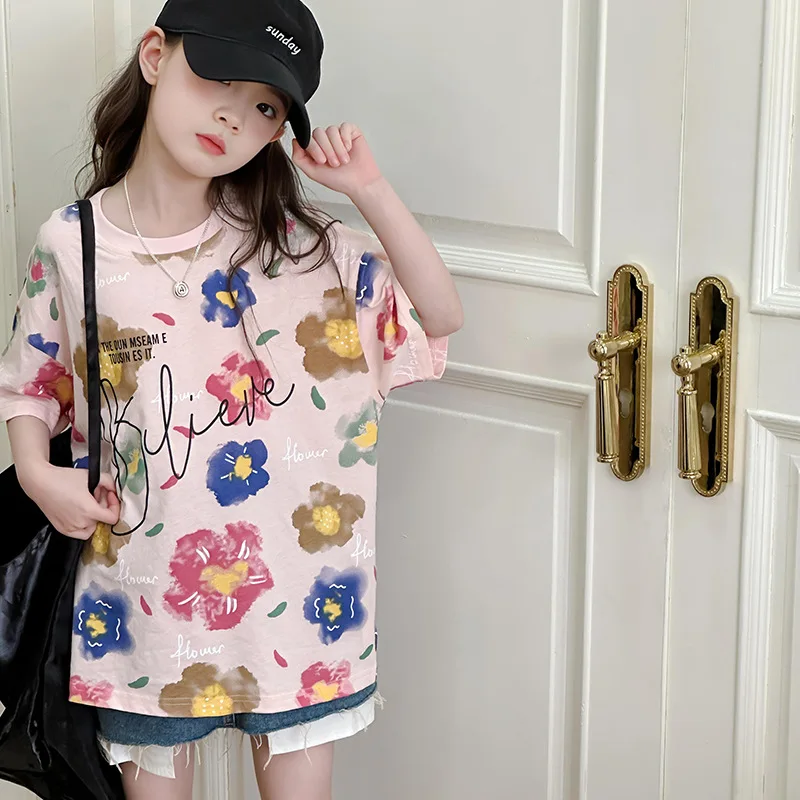 

Summer New 100% Cotton Teenager Girls Flower T-shirt Leisure Printed Round Neck Junior Kids Top Tee Kids Clothes Children Blusas