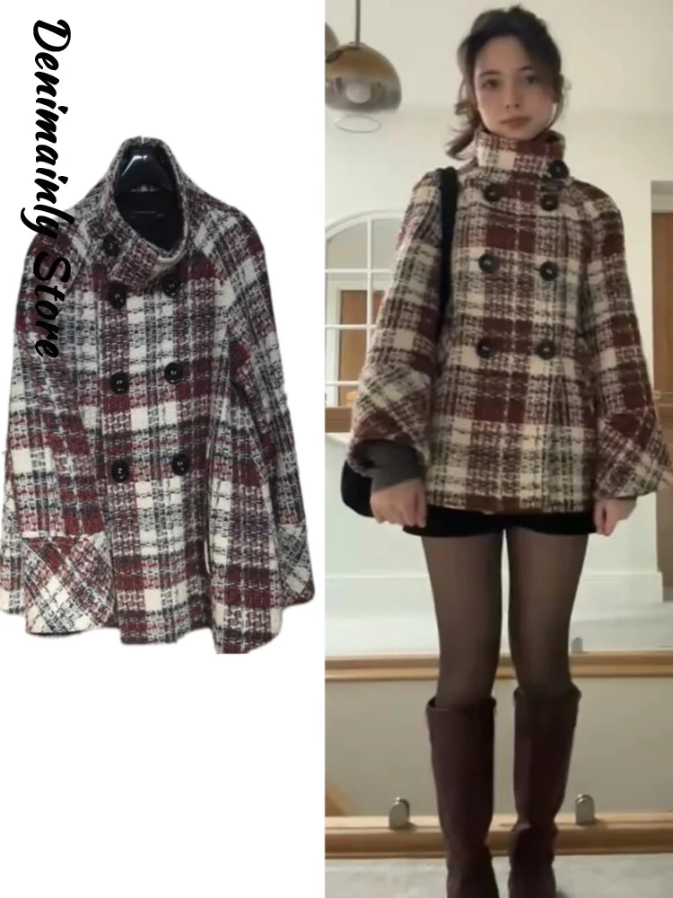 

Casual Plaid Stand Collar Woolen Coats Women Loose Double-breasted Long Sleeve Thick Jacket 2025 Autumn Winter Lady Streetwears
