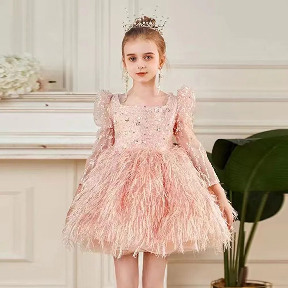 Dreamy Vow Elegant Pink White Yellow Baby Girl Dress Long Sleeves Feather for Kids Holiday Princess Party Short Ball Gown J161