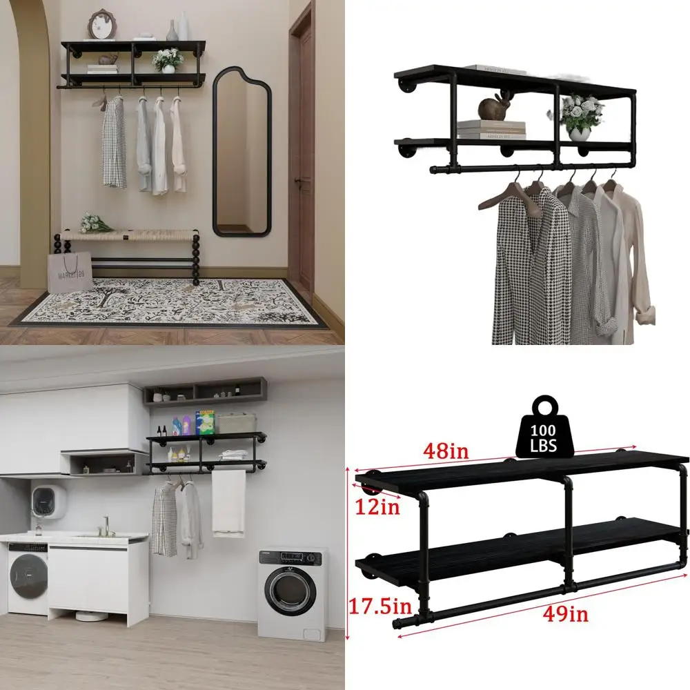 

Настенная вешалка для одежды на 12 секций, усиленная, с черными деревянными полками и многопозиционной штангой для хранения в шкафу