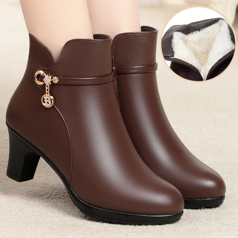 Women's Ladies Mother Famale Winter Ankle Boots Soft Leather Warm Plush Shoes Snow Boots Autumn Winter Zipper Mid Heel Shoes