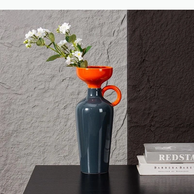 Ceramic Vase Colored Geometric Semicircle Handle Flower Vase Ceramic Handicraft Arrange Flowers Home Decoration Accessories