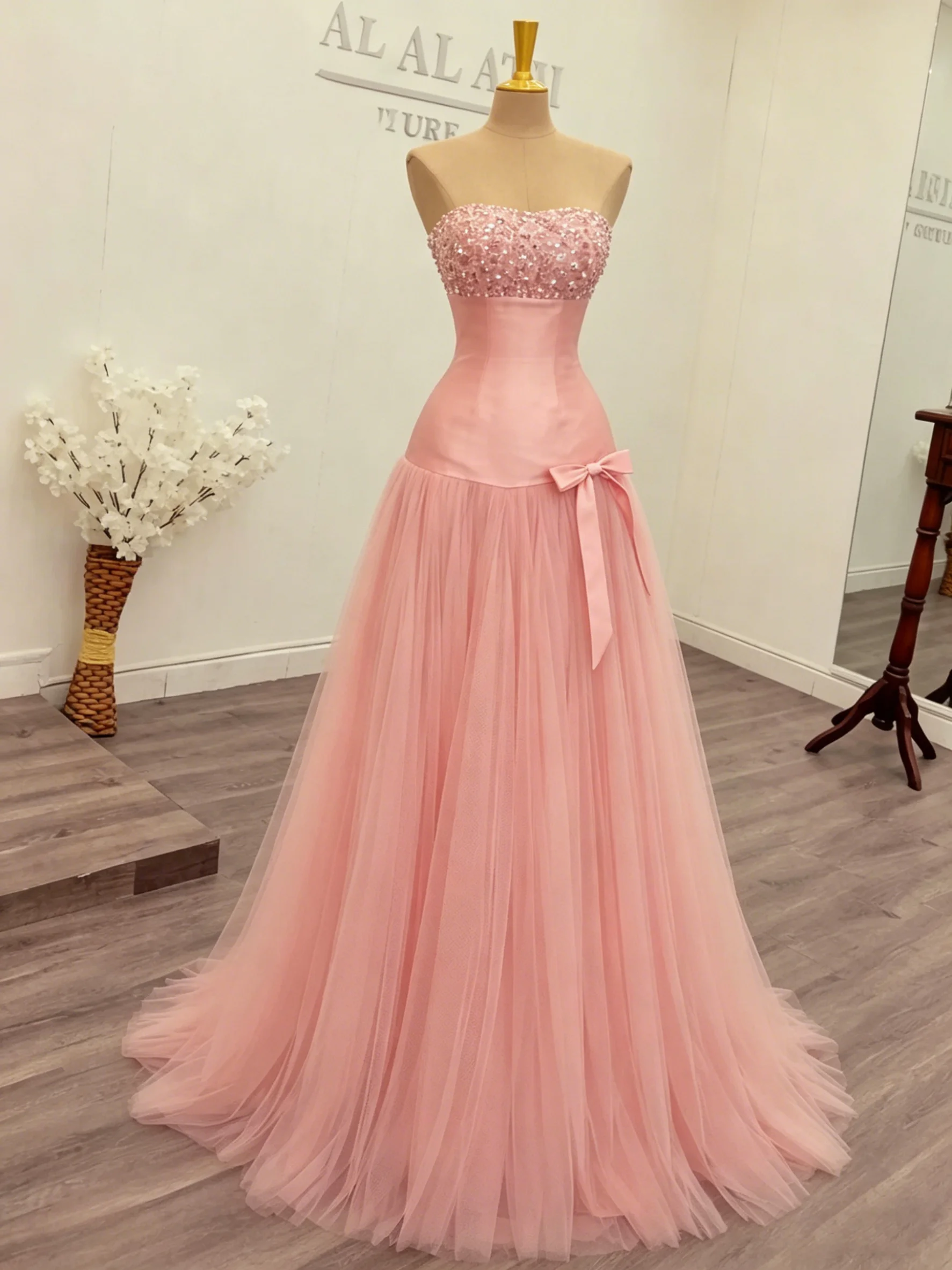 Charming Crystal Sequins Bow Blush Pink A-Line Evening Gown Strapless Sweep Train Formal Dress Serene Hill Dress Customized