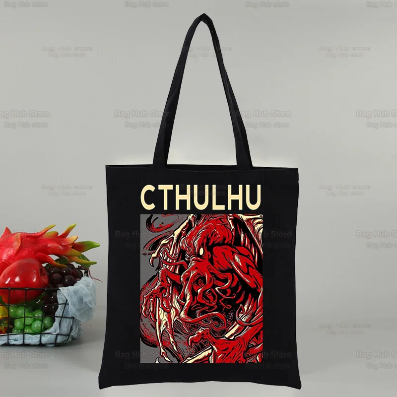 Cthulhu ปลาหมึกผู้หญิงสยองขวัญกระเป๋าผ้าใบช้อปปิ้งผู้หญิงสาว Tote Eco lovecraft กระเป๋าสะพายไหล่นักช้อปลึกลับฮาโลวีน