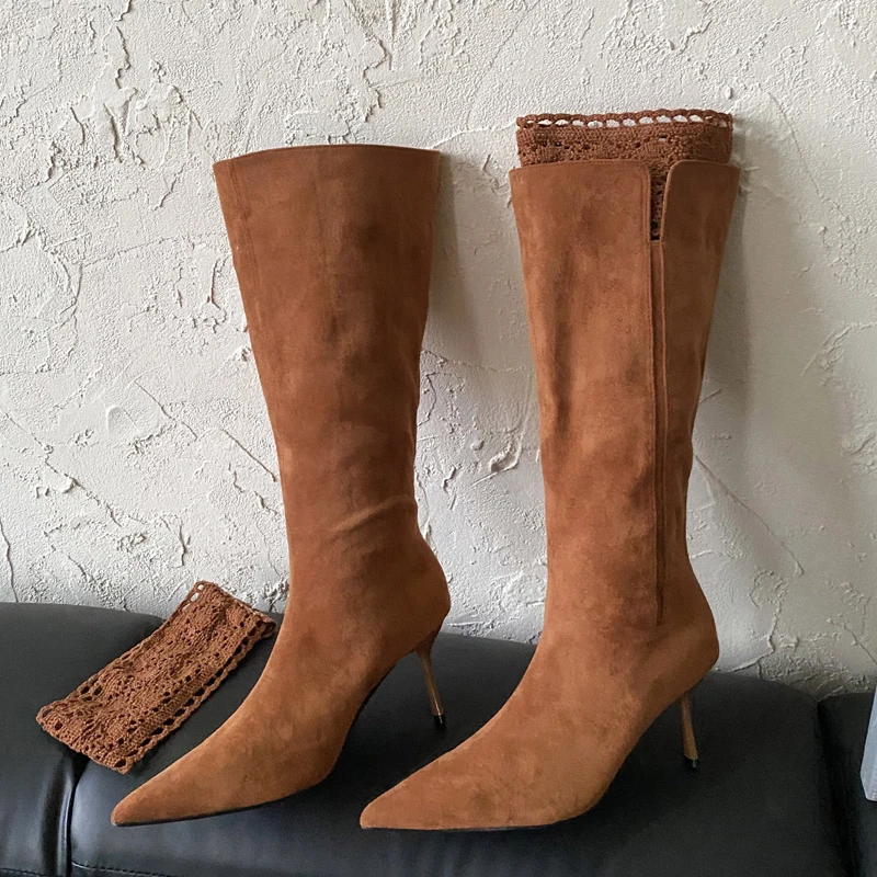 

Aneikeh/зимний дизайн, пикантные банкетные туфли на тонком высоком каблуке, длинные женские сапоги до колена с сетчатой пряжкой и острым носком