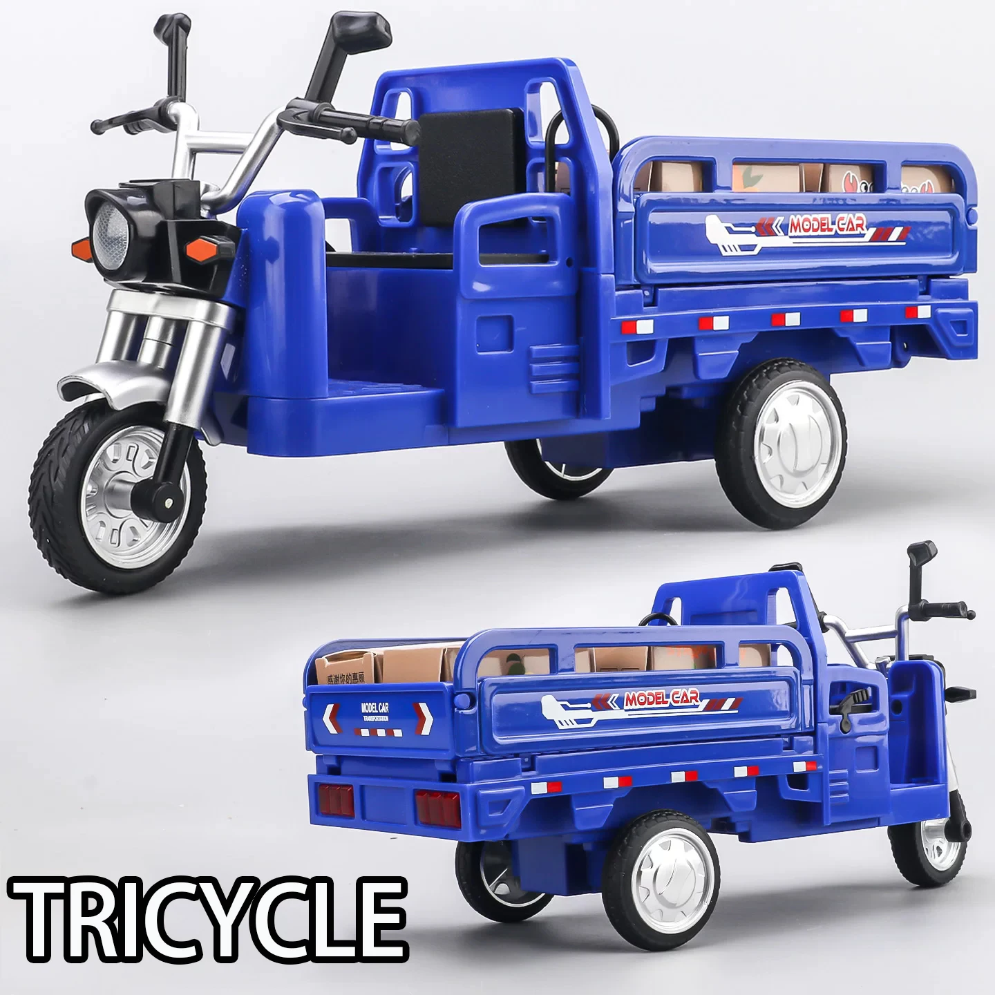 1:12 Scale Tricycle Toys Models Cars Alloy Diecast Wheels Pull Back Miniature Car with Light Music Vehicles Ornaments Presents