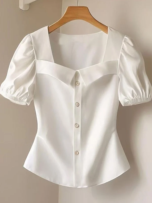 Rosa ort Sve irt Mujer Verano Nuevo Diseño Sensation Cintura Acuplada Cuello Cuadrado Top Commute Sle Bubble Sve Regu...