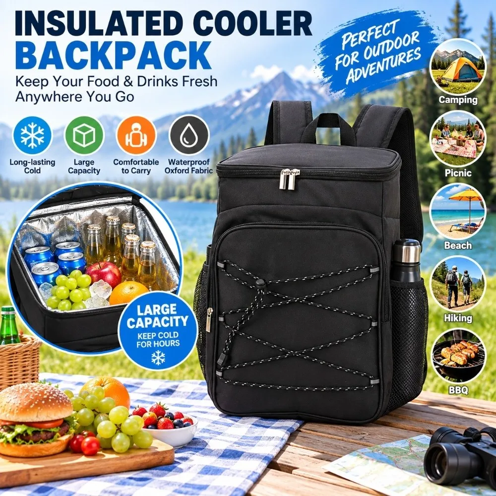 Oxford Cloth and PEVA Insulated Backpack Black Side Pockets Cooler Backpack Chest Buckle Straps Insulated Cooler Bag