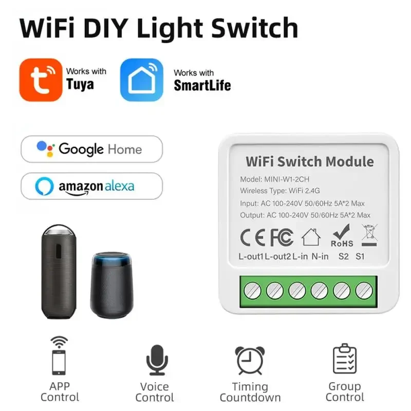 Tuya Smart WiFi Mini Breaker Control Switch, 16A, 2 voies, 2 gangs, Life Control, Compatible avec Alexa, Google Home, Yandex Alice