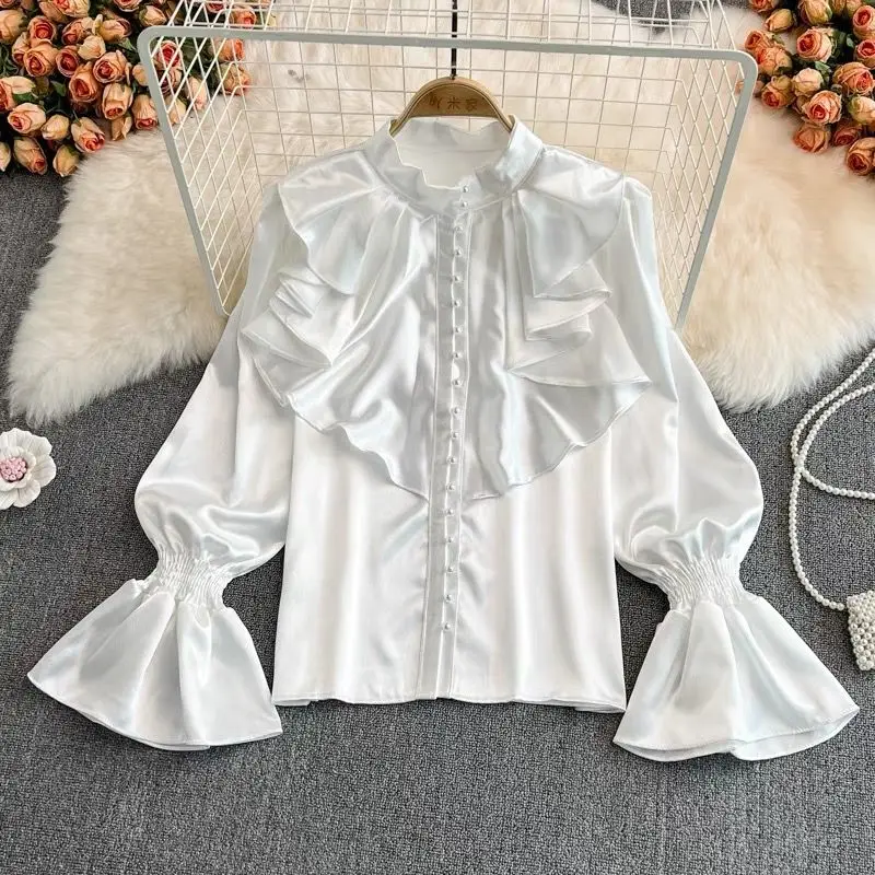 Luxury Ruffle Flared Sleeves Blouse Black White Shirts Women  Retro Blouse Stand Collar French Design Chic Loose Top Mujer New