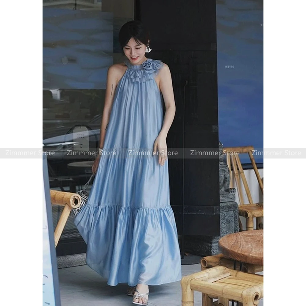 

Three-dimensional flowers hanging neck bow tie dress women loose feeling pleated big swing dress vacation beach dresses