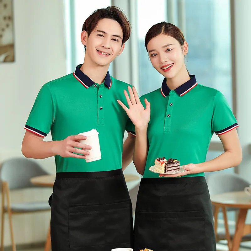 Summer Catering Waiter Workwear Short-Sleeved Fast Food Milk Tea Hot Pot Barbecue Shop Fruit Supermarket Custom Printed Logo