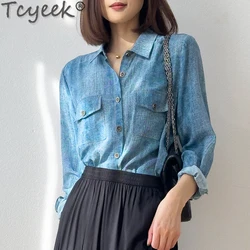 Tcyeek 100% Real Silk Shirts for Women Clothing Loose Fit Women's Elegant Shirts Spring Summer Long Sleeve Top Camisa Feminina