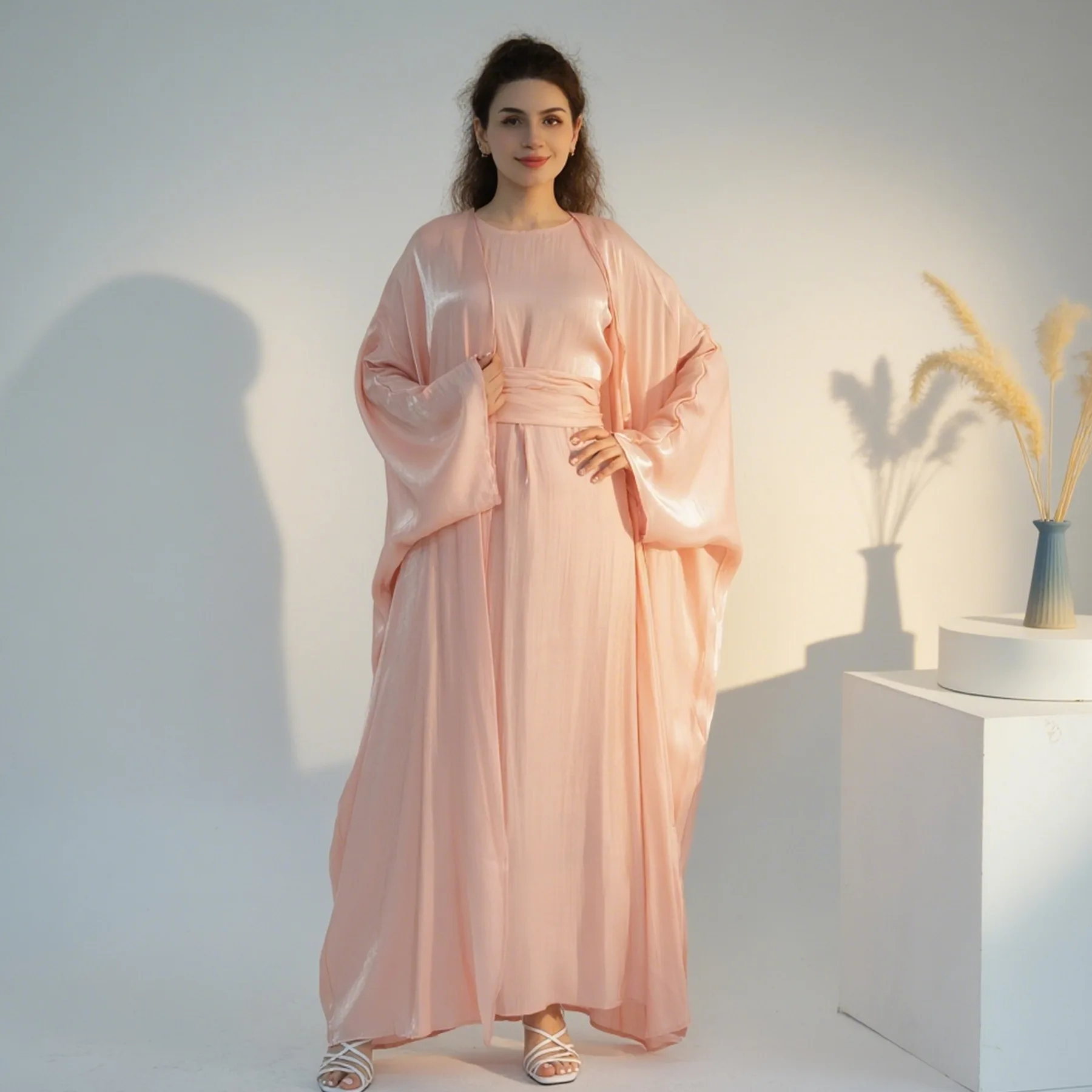 Dubai Kimono Aperto Abaya Glitter Set Musulmano Donne Abito Lungo Turchia Caftano Eid Jalabiya Femme Robe Islam Abbigliamento Kebaya Abiti