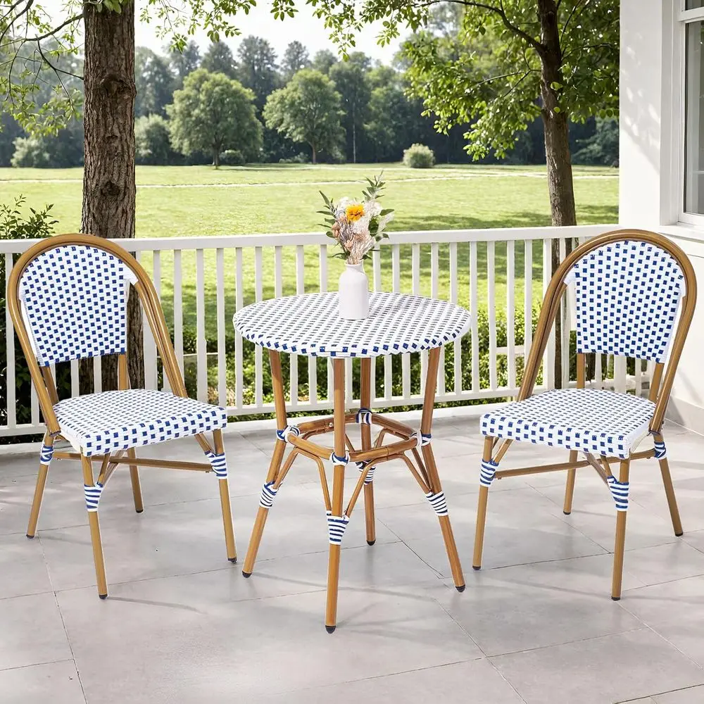 

French Wicker 3-Piece Bistro Set with Table and Chairs, Durable All-Weather Outdoor Patio Furniture, Navy and White