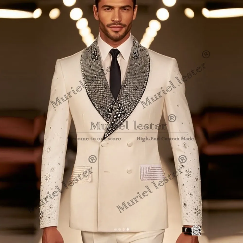 

Jewelry Stones Wedding Suits For Men Double Breasted Prom Blazer Customized 2 Pieces Groom Tuxedos Man Banquet Dresses Plus Size