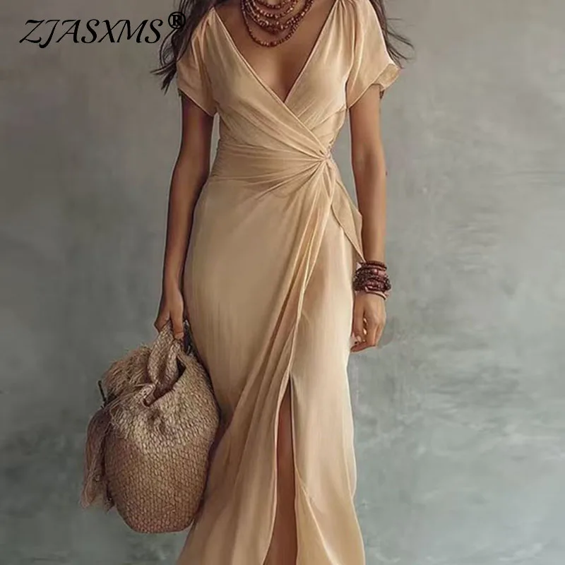 Böhmisches Einfarbiges Wickel-Maxikleid für Damen V-Ausschnitt Kurzarm Geschlitztes Langes Kleid Elegantes Gerafftes Taillenkleid für den Sommerurlaub