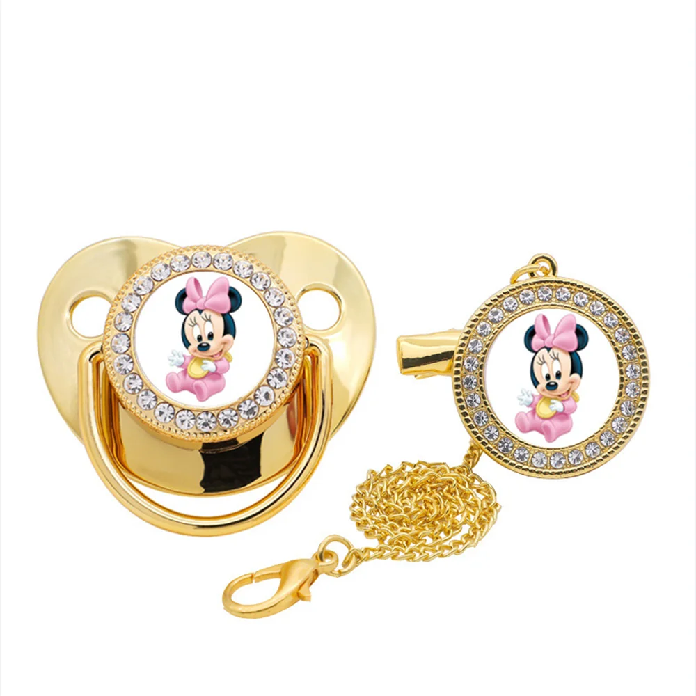 Pink Minnie Mouse Bling Baby Pacifier for Newborn Babies Rhinestones Disney Characters Print Pacifier Clips Dummy Holder Babies