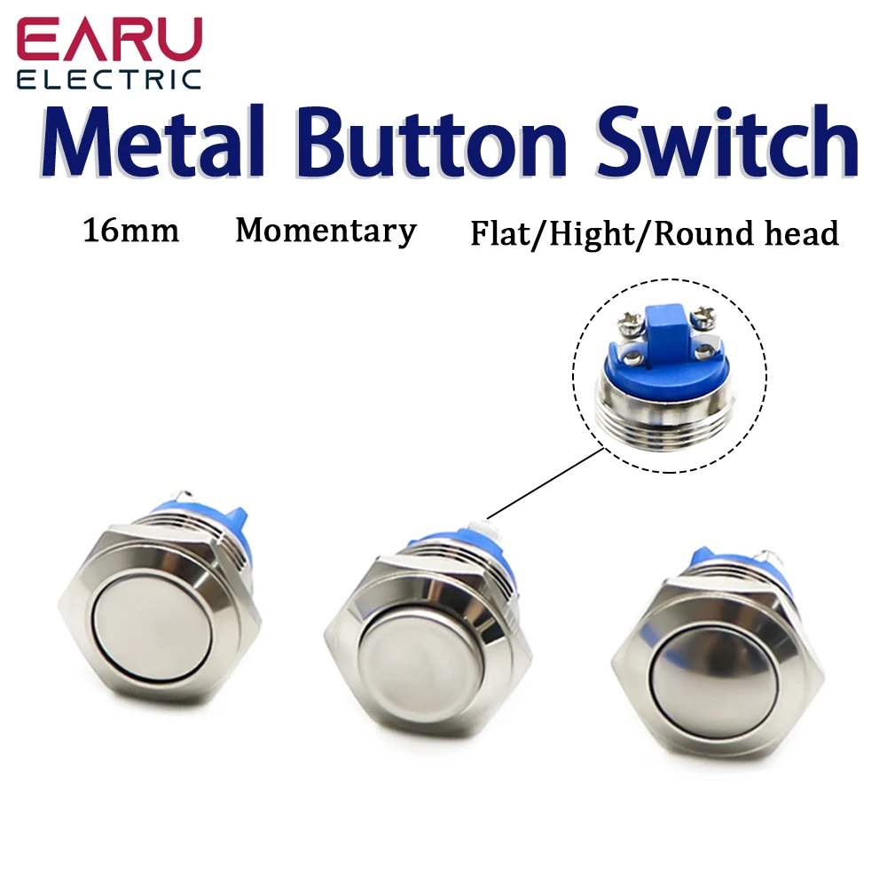 16mm 1NO High Flat Head Waterproof Momentary Reset Metal Push Button Switch Screw Terminal Car Engine Doorbell PC Power Switch