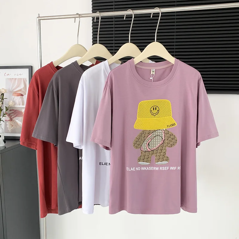 

160Kg Plus Size Women's Bust 160 Summer Loose Cartoon Round Neck T-shirt 4 Colors 6XL 7XL 8XL 9XL 10XL