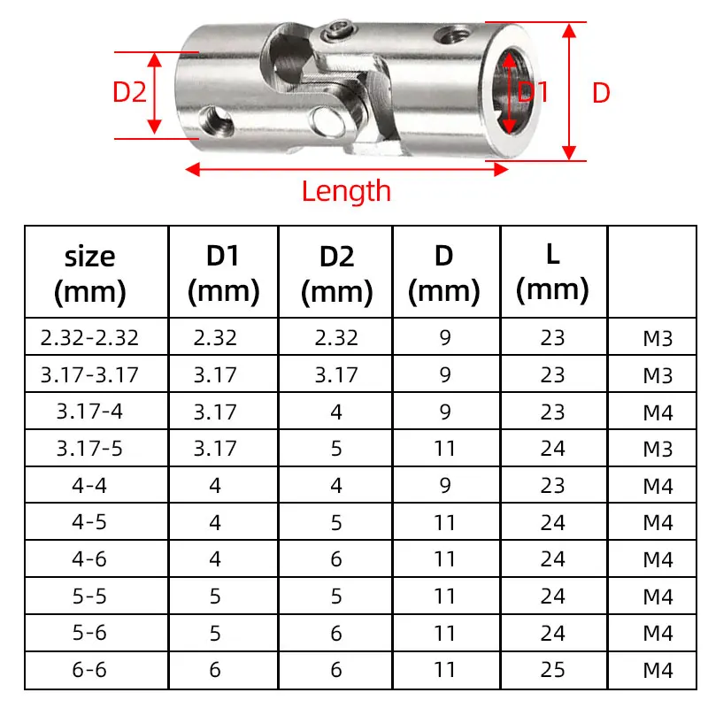 2 pcs Universal Rotatable U-Joint Coupling Set 2-6mm Machined Metal Steering Shaft Connector for RC Cars, Robots & Crawlers