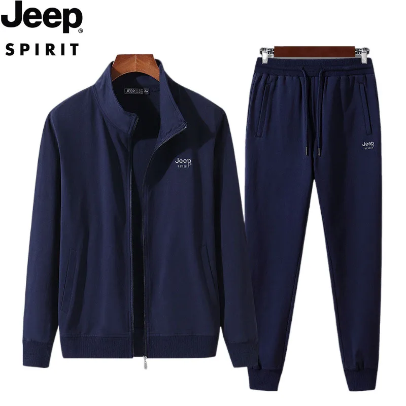 JEEP SPIRIT Men Suit Cotton Long-sleeved Trousers Spring Autumn Pure Color Breathable Cardigan Sportswear Simple Two-piece Set