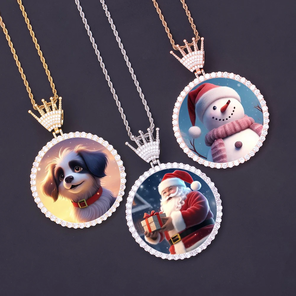 

68MM Hip Hop Crown Hook XL Circle Photo Memory Pendants Full Cubic Zircon Round Picture Frame Necklace Jewelry Christmas Jewelry