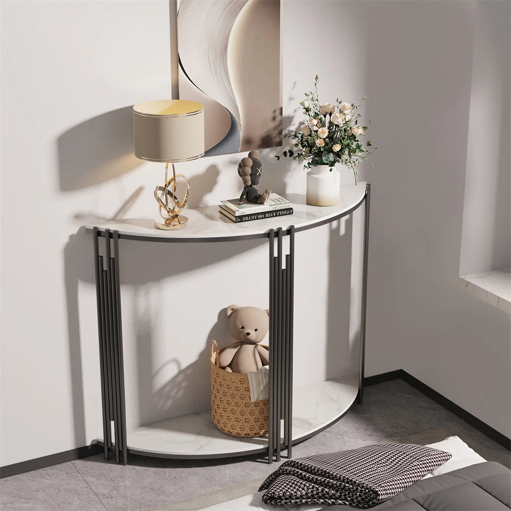 

LUVODI Half Moon Console Table with Storage Sintered Stone Tabletop Semi-Circle Entrance Hall Table