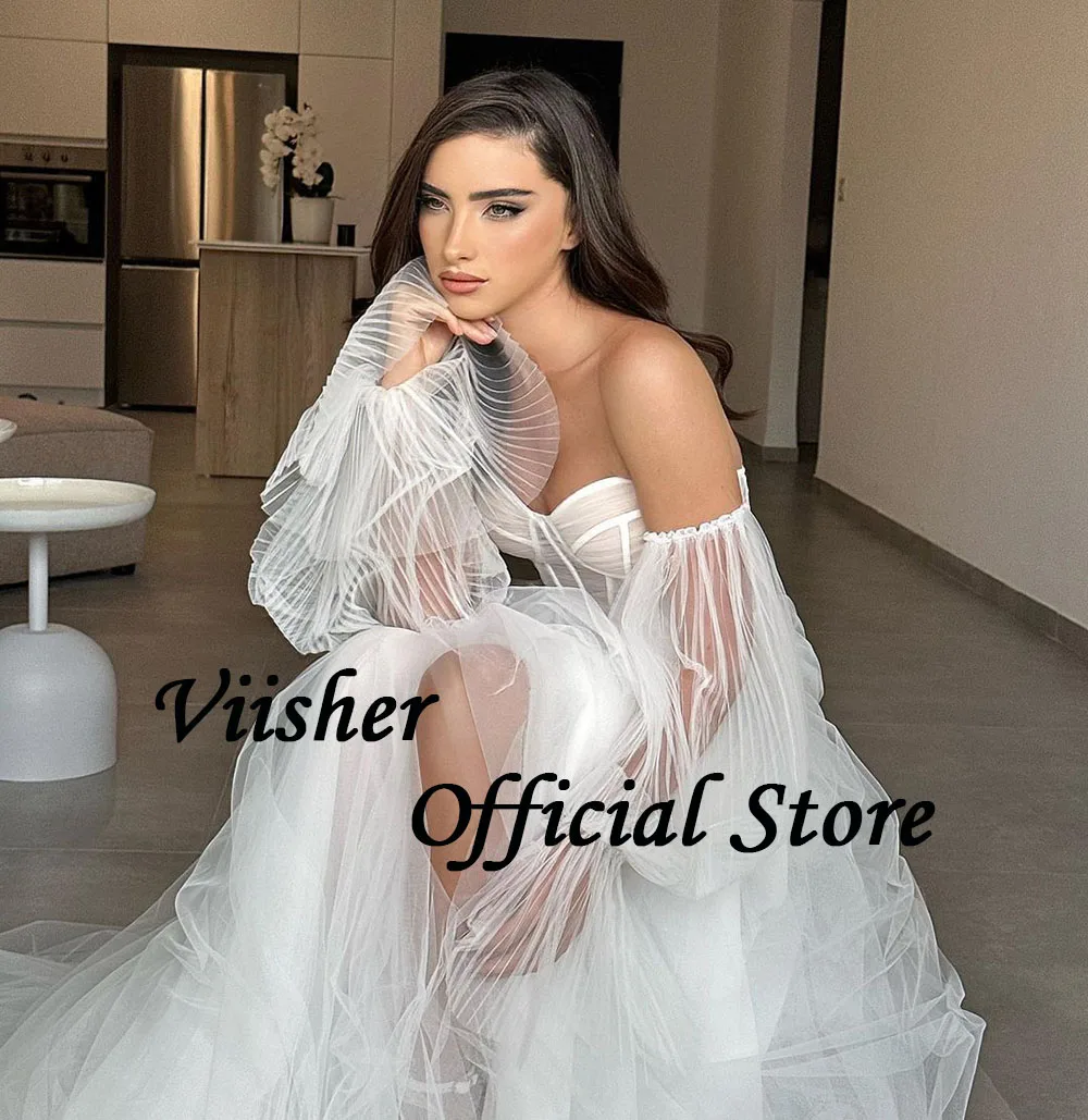 Viisher gaun pernikahan Tulle Boho putih korset tulang gaun pengantin pantai Sweetheart 3/4 gaun pernikahan Bohemian belahan kaki lengan