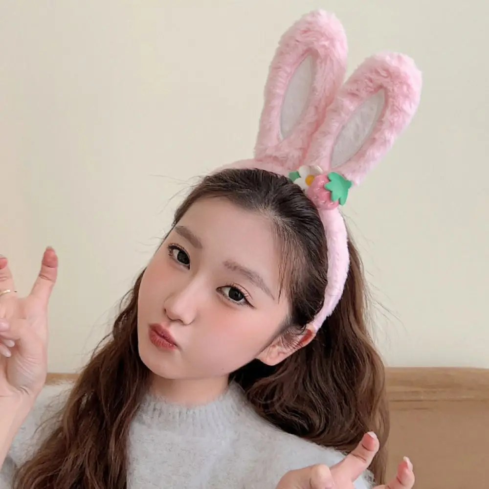 Hair Accessories Rabbit Ear Headband Cute Flower Korean Style Cartoon Hair Hoop Headpiece Strawberry Plush Hair Hoop Photograph