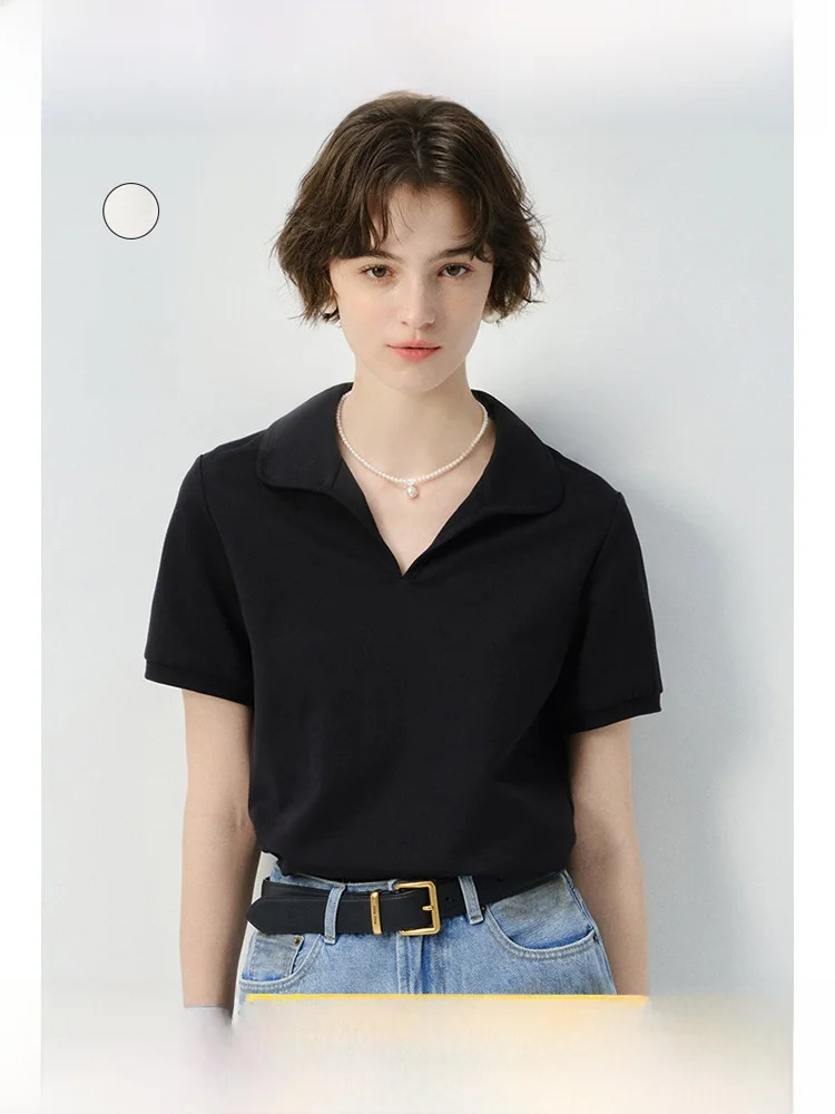 

plus Size Women's T-irt V-Ne ort Sve Casual Sle Loose Fit Summer Inner Wear Pure Color Versatile Turn-down Collar