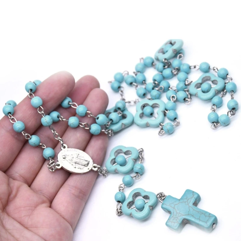 367A Blue Turquoise Beads Rosary Necklaces Prayer Cross Pendant Catholic Necklaces Religious Meditation Jewelry Women Gift