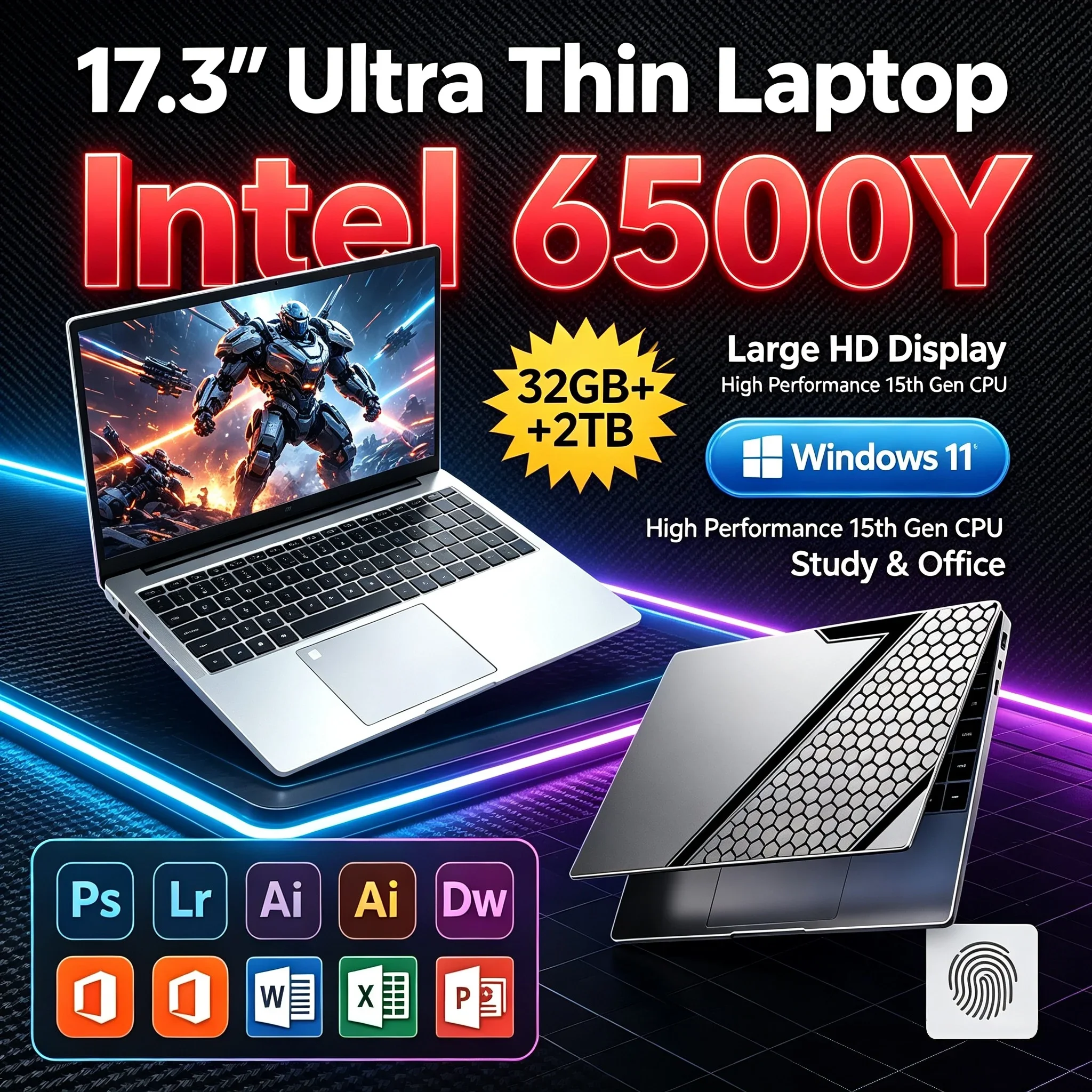 17.3'' Inch Work Study Laptop Intel 6500Y 32GB RAM 1TB/2TB SSD Win11 WiFi6 BT5.2 Backlit Keyboard Portable Windows11 Notebook