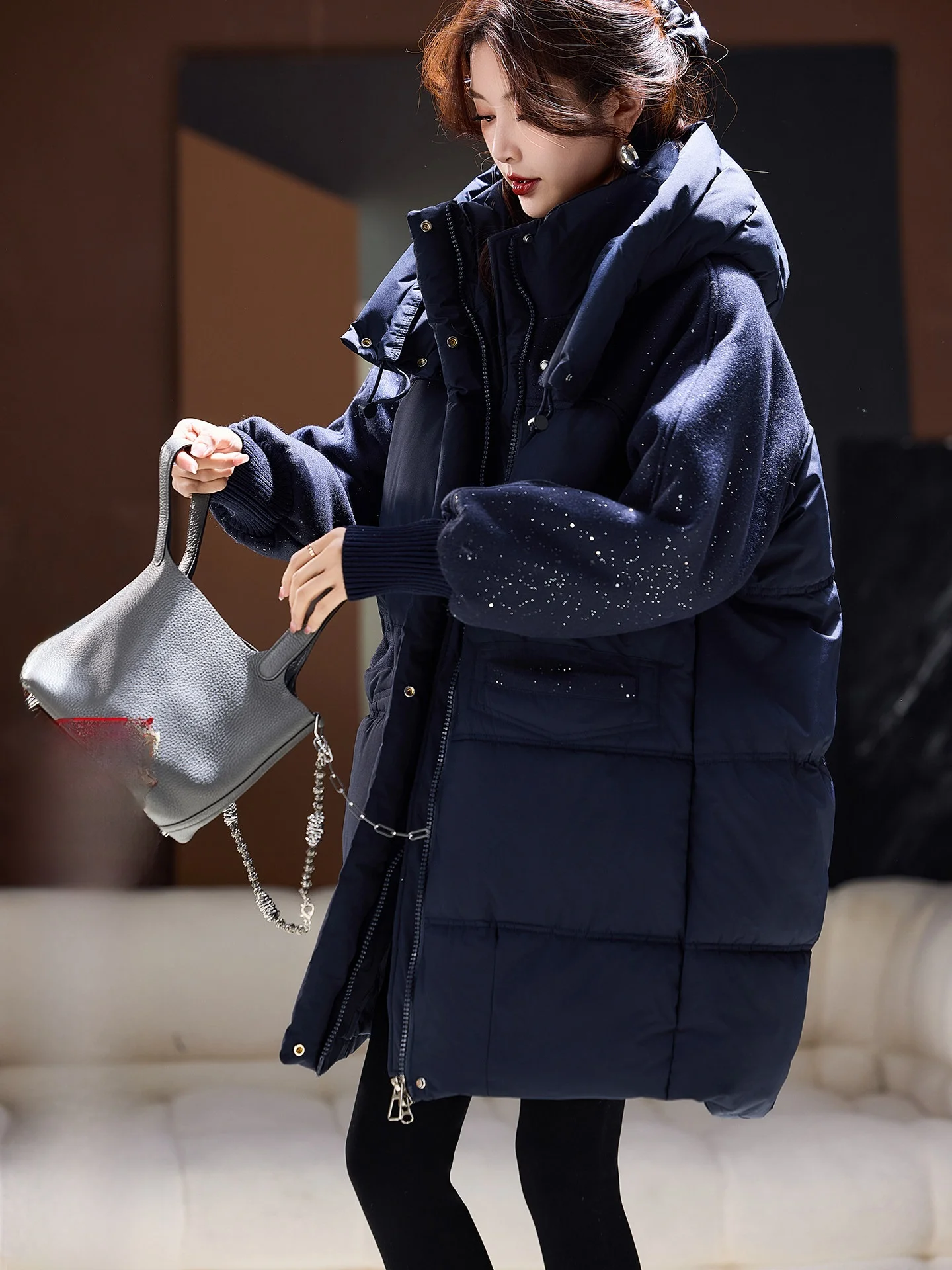 

Thiened Cotton Jaet Women's Street Sle Loose Fit Hooded Zipper Closure Color Mid-Length Patchwork Coat for Winter